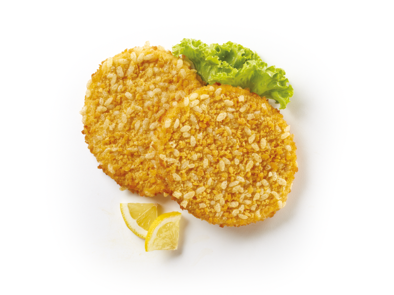 Two breaded fish medallions with lettuce and lemon.