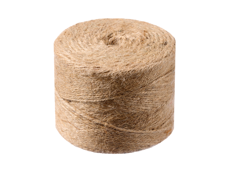 A large spool of natural brown jute twine or rope, standing upright.