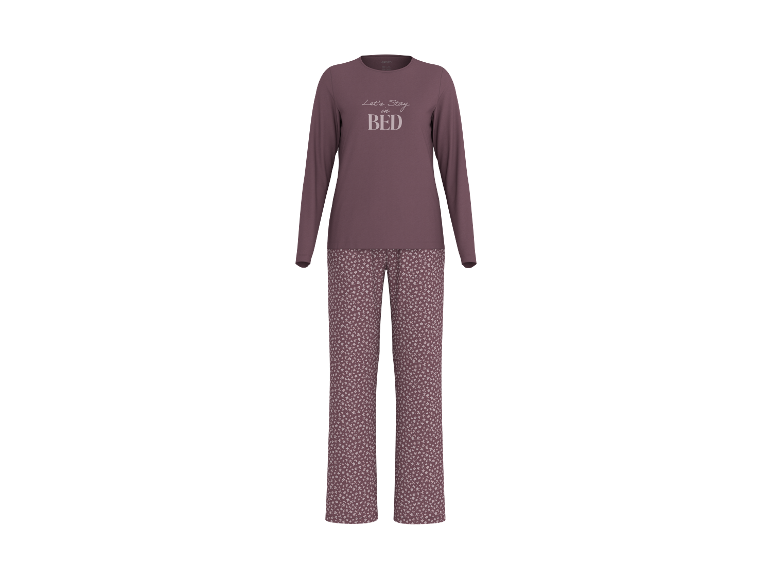Esmara women's mauve long-sleeve pajama set with 'Let's Stay in BED' print and floral pants