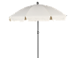 Cream white garden parasol with a dark pole on a black background.