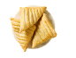 Three golden triangular puff pastries on a white plate.