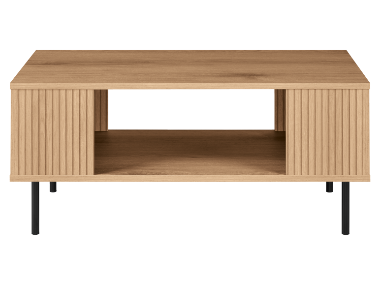 Light wood coffee table with open shelf and black legs.