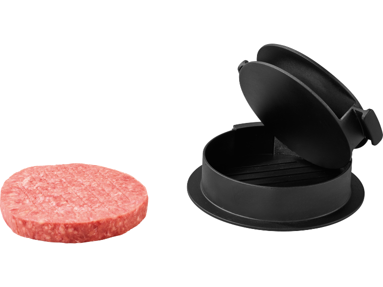 Raw burger patty and black burger press.