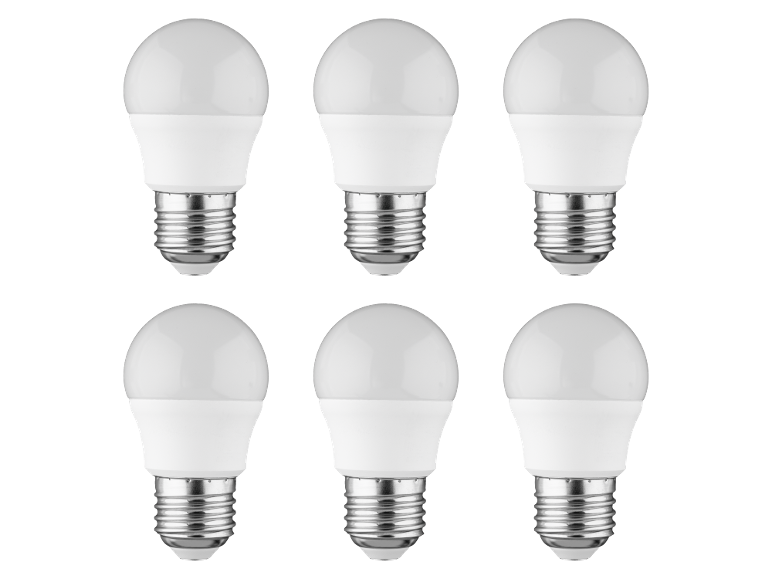 Six white LED light bulbs with screw bases on a black background.