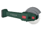 Cordless angle grinder with a cutting disc and protective guard.