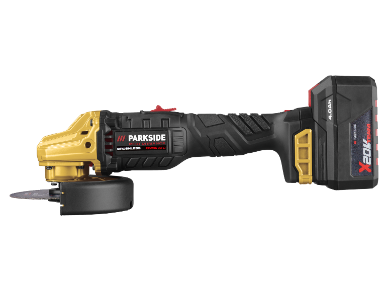 Cordless angle grinder with a gold-colored body and a black 4.0 Ah battery.