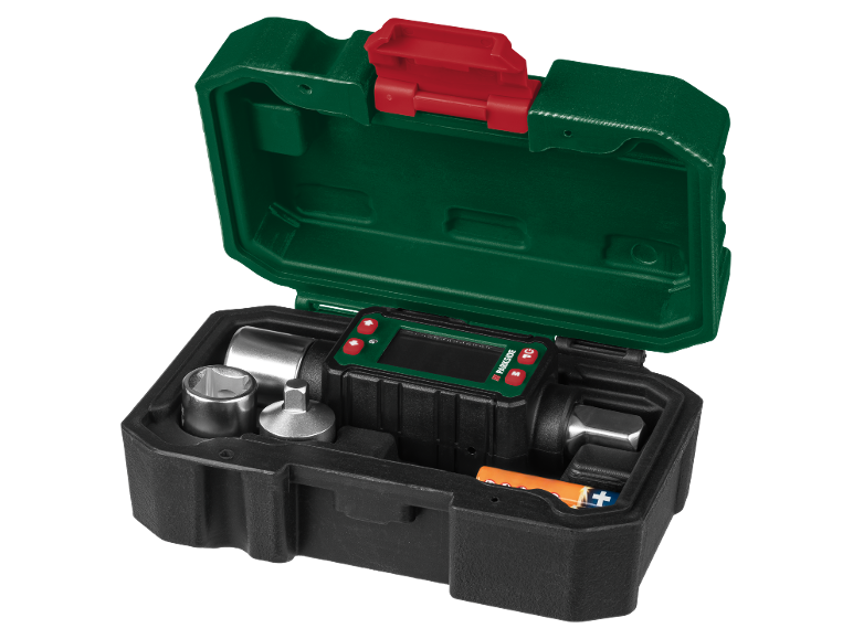 Digital torque adapter set with sockets and battery in an open case
