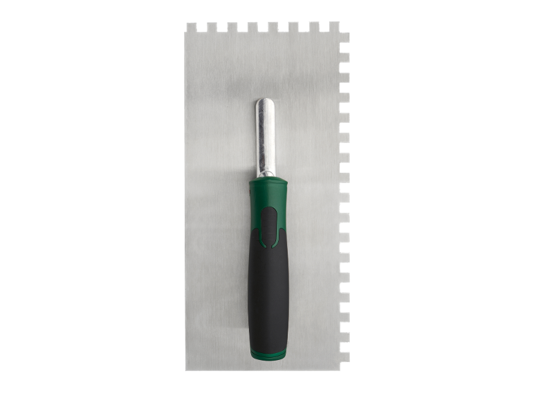 Notched trowel with green and black handle