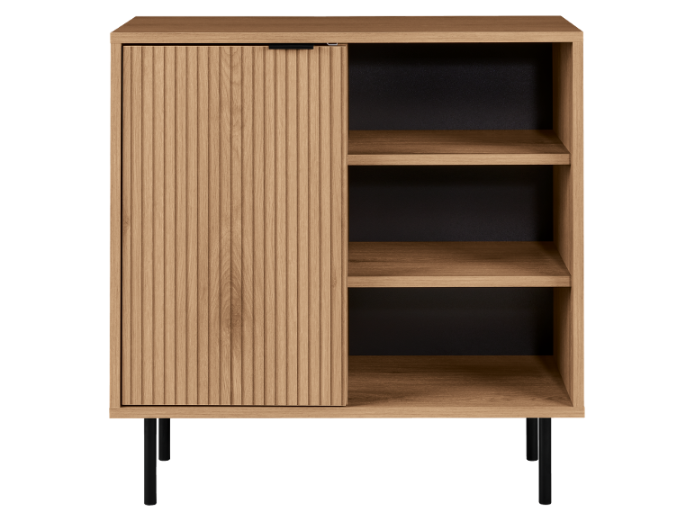 Wooden sideboard with fluted sliding door and open shelves, on black legs.