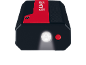 Portable jump starter with a flashlight and an on/off button.