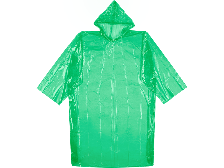 Green hooded rain poncho on a black background.