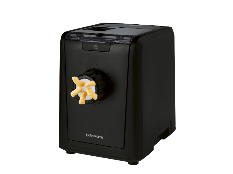 Black pasta maker with fresh shell-shaped pasta coming out.