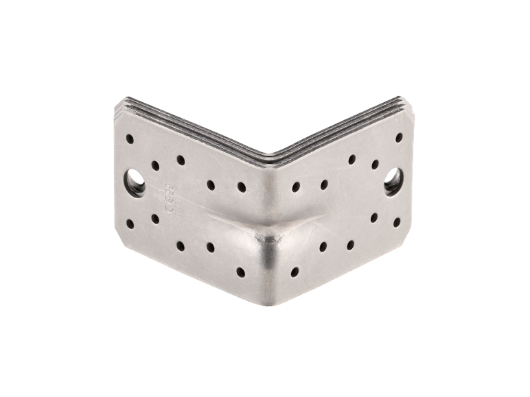 Metal corner connector with multiple holes and CE marking, on a black background.
