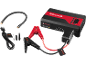 Portable jump starter with cables, clamps, and various charging accessories.