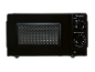 Black microwave oven with two rotary dials for power and timer.