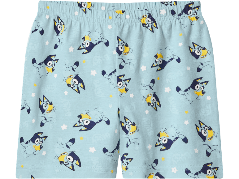 Blue pajama shorts with cartoon dog and star pattern.
