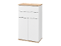 White chest of drawers with two drawers and two doors, with a wood-effect top and base.