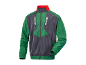 Green and grey jacket with a red collar and 