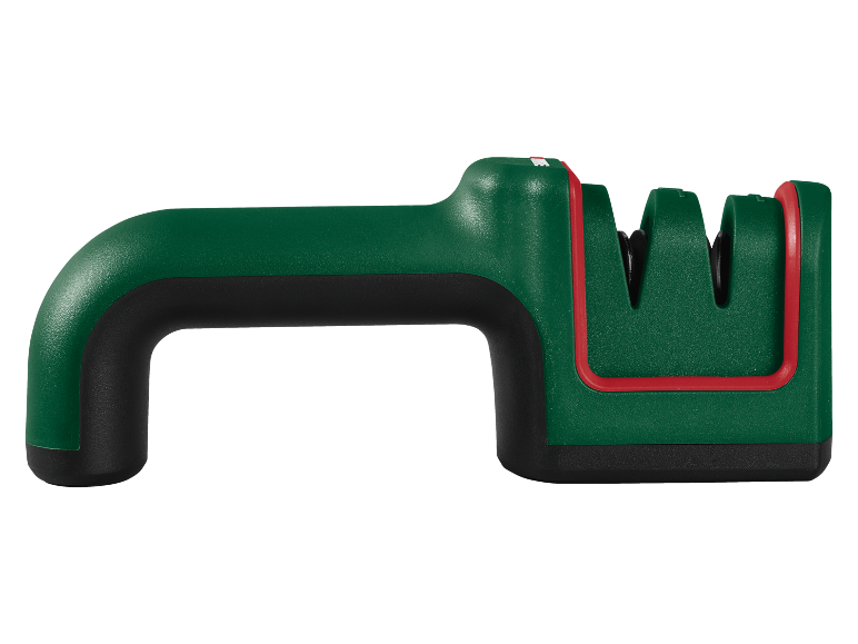 Green knife sharpener with a black handle and red accents.