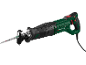 Green and black electric reciprocating saw with wood blade