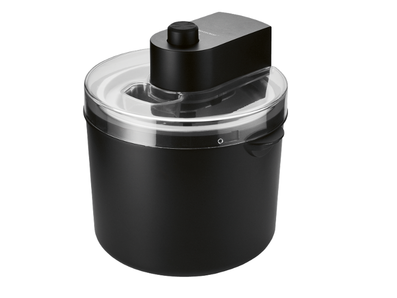 Black ice cream maker with a transparent lid on a black background.
