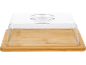 Bamboo serving board with clear plastic dome cover, featuring two small bowls inside.