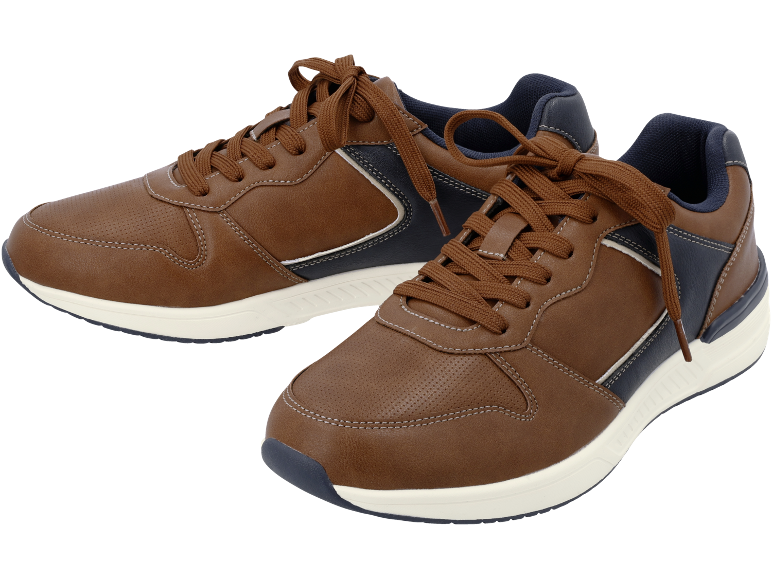 Brown and dark blue sneakers with brown laces and a white sole.