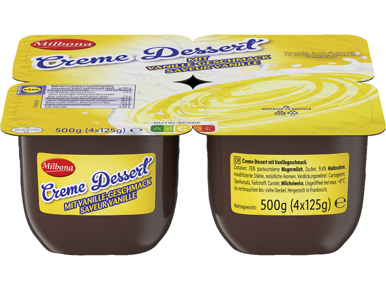 Milbona Crème Dessert with vanilla flavor, 500g (4x125g) packaging.