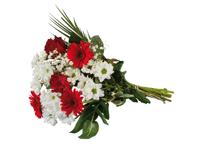Bouquet of red roses, white daisies, and red gerberas.