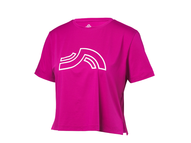 Fuchsia short-sleeved sports t-shirt with a white logo on the chest.