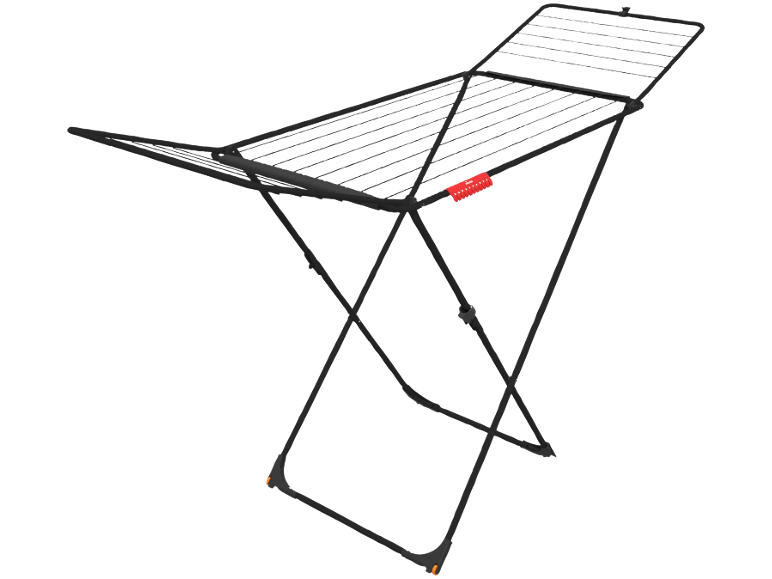 Black foldable clothes drying rack with red and orange details.