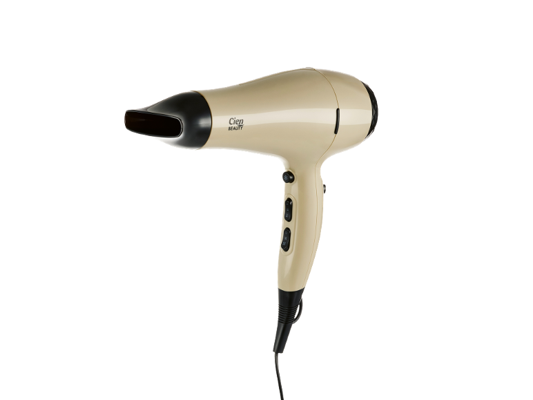 Cream-colored hair dryer with black accents and controls on the handle.