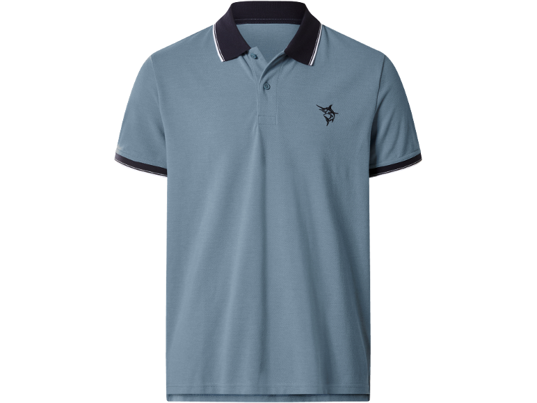 Men's blue polo shirt with dark blue collar and cuffs, featuring a swordfish emblem.