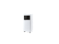 Portable white air conditioner with a black grille and a control panel on top.