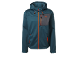 Men's blue-green softshell jacket with orange zippers and details.