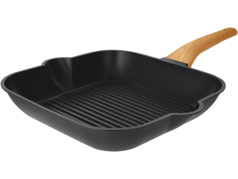 Black square grill pan with a wooden handle.