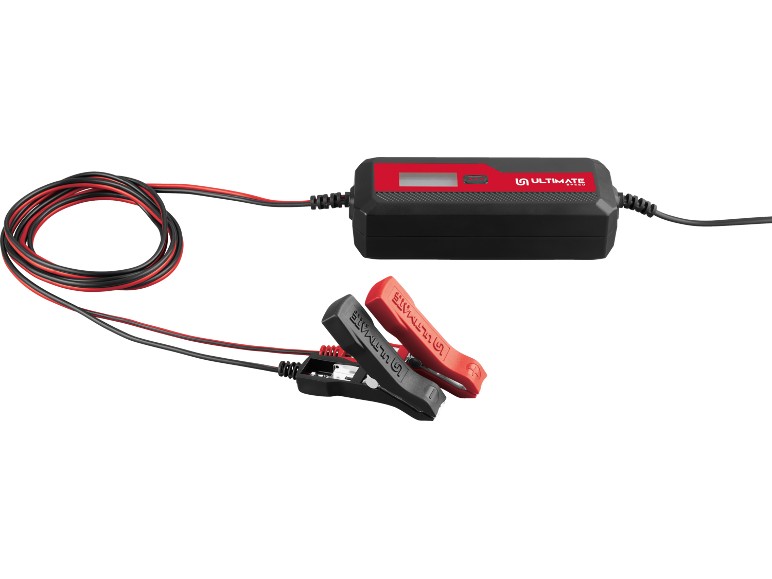 Car battery charger with red and black clamps and a digital display.