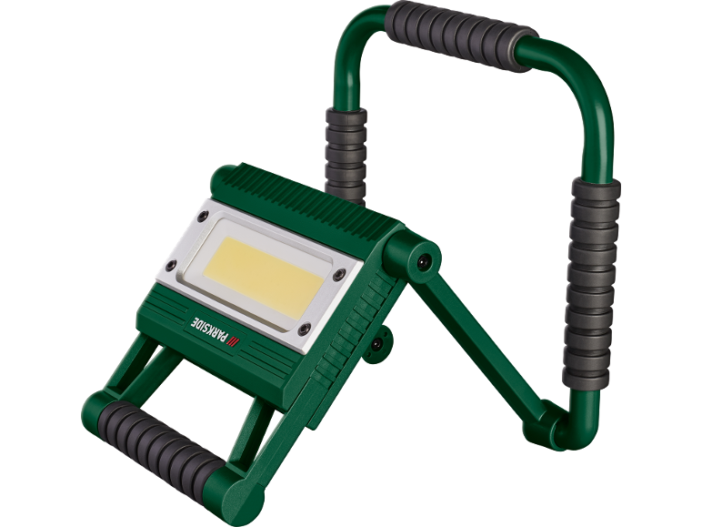 Green LED work light with black handles and support base