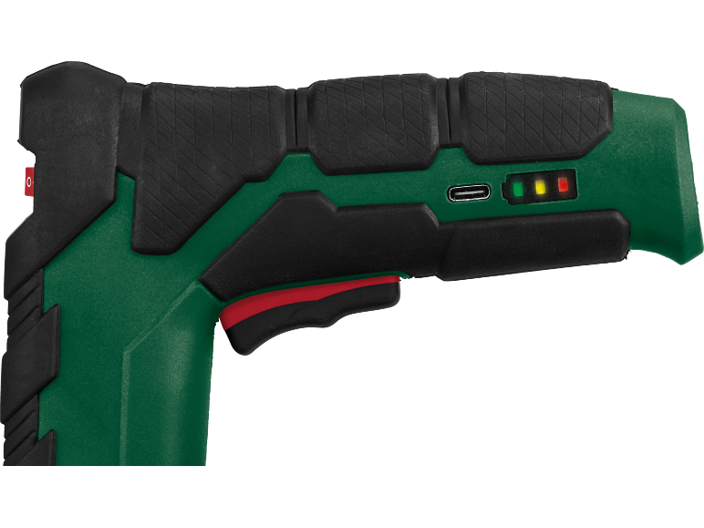 Green and black power tool with a USB-C port and battery indicator.