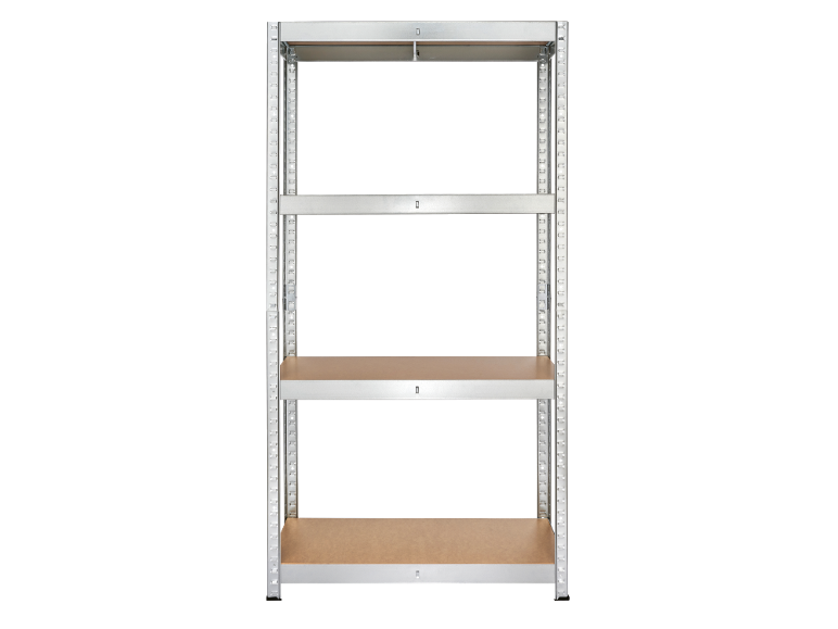 Metal shelving unit with four wooden shelves, ideal for storage.