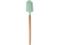 Kitchen spatula with a mint green silicone head and a wooden handle.