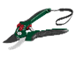 Green and black garden pruning shears with a wrist strap, featuring adjustable handle width.