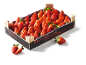 Crate of fresh strawberries with 'Berry Sensations' text.