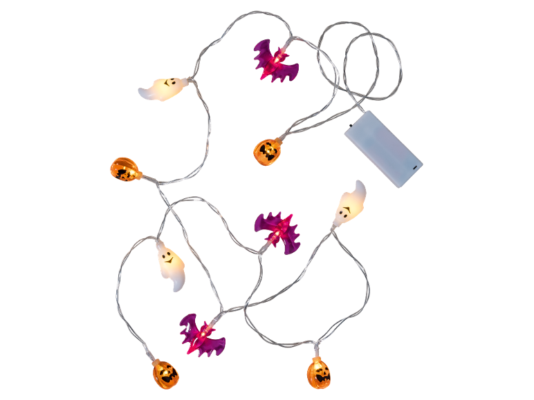 Halloween string lights with ghosts, bats, and pumpkins, powered by a battery pack.