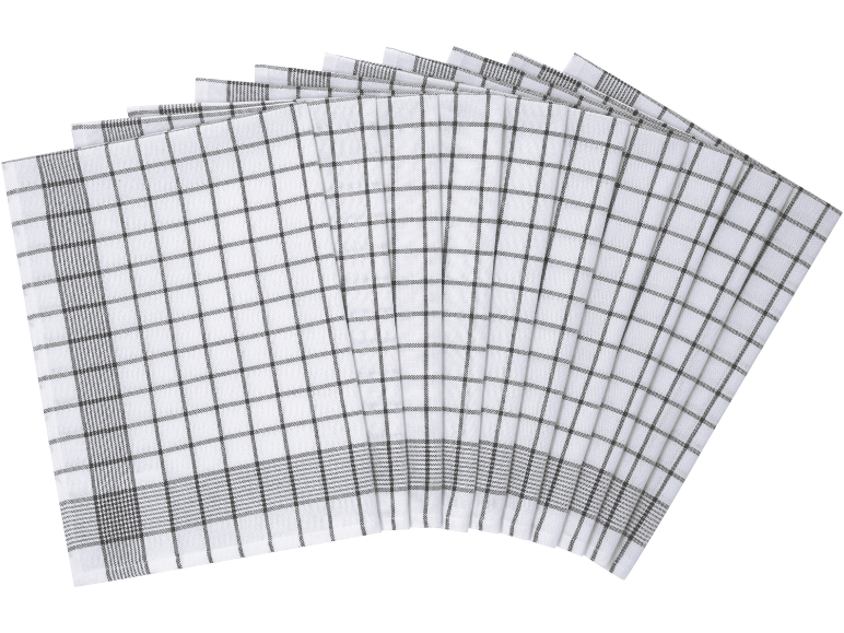 Fan of white and grey checkered kitchen towels