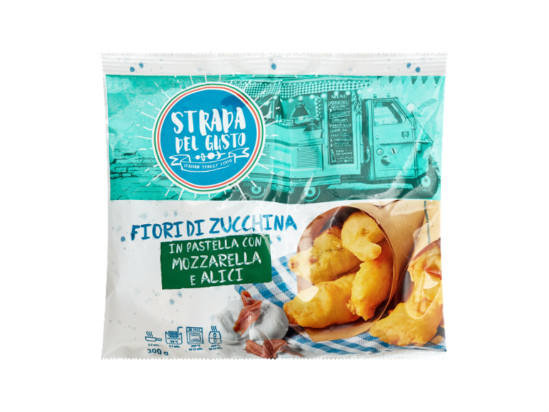 Fried zucchini flowers with mozzarella and anchovies, with an Italian street food theme.