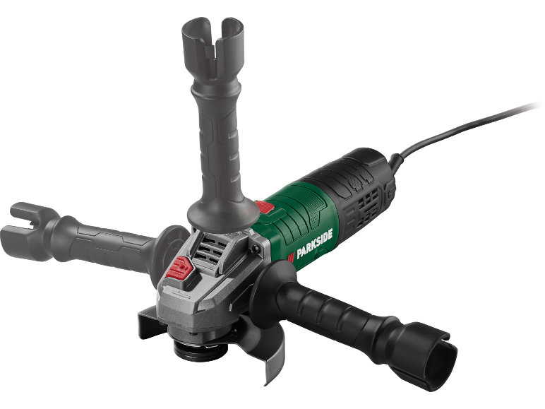 Green and black angle grinder with three handles and a power cable.