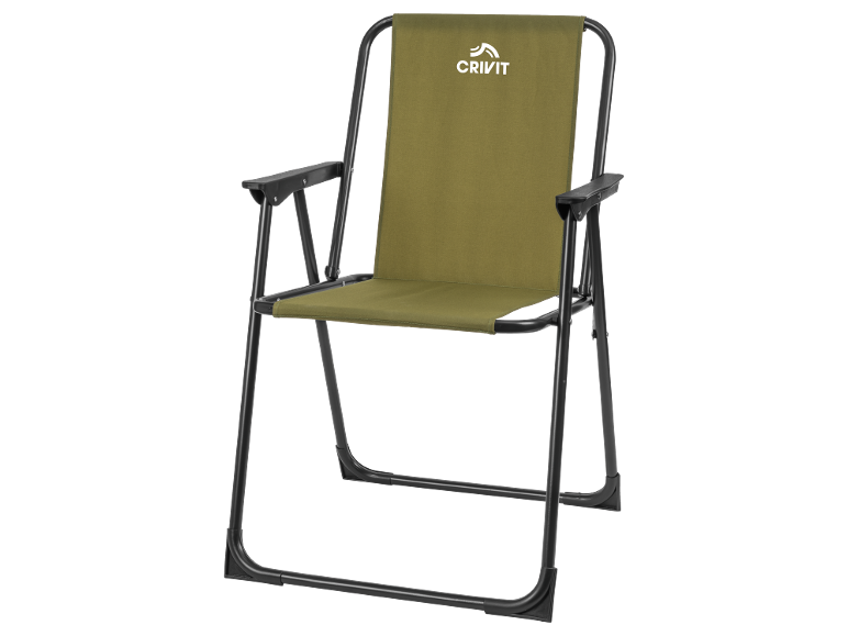 Olive green folding camping chair with a black metal frame.