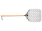 Pizza peel with a wooden handle and perforated metal surface.