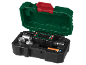 Digital torque adapter set with sockets and battery in an open case